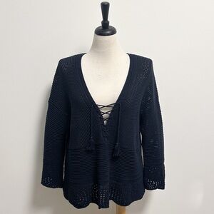 J Jill Navy Blue Open Knit 3/4 Bell Sleeve V Neck Tassel Tie Scallop Hem Sweater